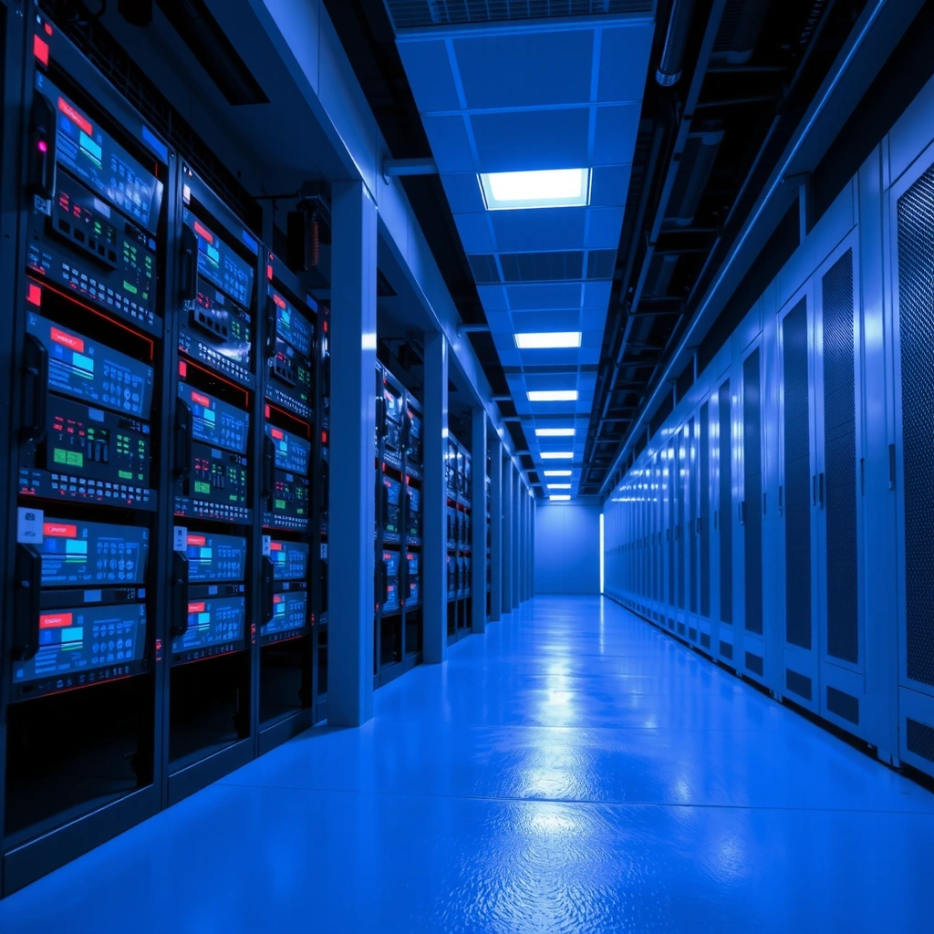 Data center server corridor with blue lighting