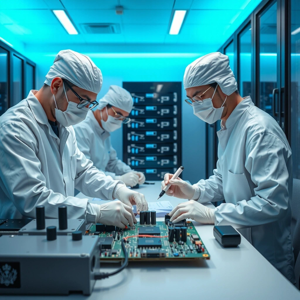 Engineers inspecting precision hardware
